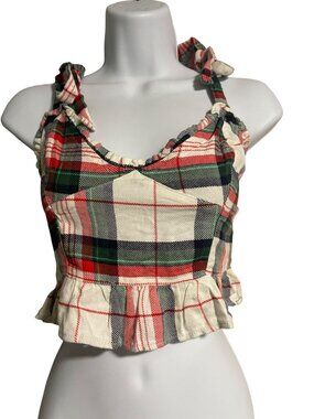 Aerie Plaid Smocked Crop Top With Ruffle Trim Womens JR Size M